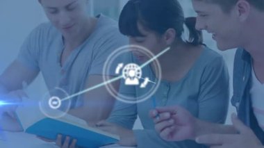 Animation of network of connections with icons over diverse students. Global education, networks, computing and data processing concept digitally generated video.