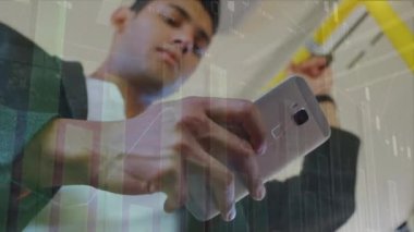 Animation of financial data processing and statistics over man using smartphone. Global business, finance, data processing and connections concept digitally generated video.