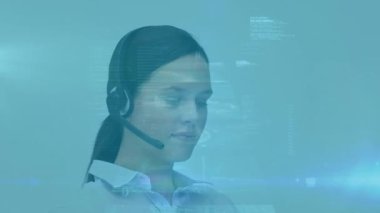Animation of data processing over caucasian woman using phone headset working in call center. Global communication, computing and digital interface concept digitally generated video.