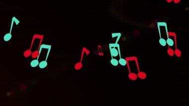 Animation of musical elements floating over red light spot against black background. Music and technology concept