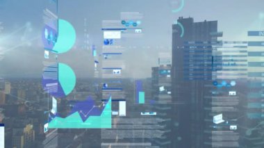 Animation of network of connections and data processing over cityscape. Global connections, computing and digital interface concept digitally generated video.