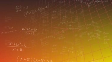 Animation of mathematical equations floating over grid network against orange gradient background. Education and business data technology concept