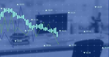 Animation of financial data processing against computer on office desk. Global economy and business technology concept