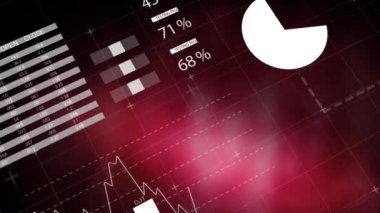 Animation of statistical data processing against red background. Computer interface and business data technology concept