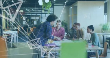 Animation of envelope icons over diverse business people in office. Global business and digital interface concept digitally generated video.
