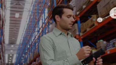 Animation of network of connections over man working in warehouse. Global networks, shipping, business, finances, computing and data processing concept digitally generated video.