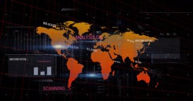 An orange world map on a grid, with data processing occurring in the background. Global finance online connections and data processing concept digitally generated video.
