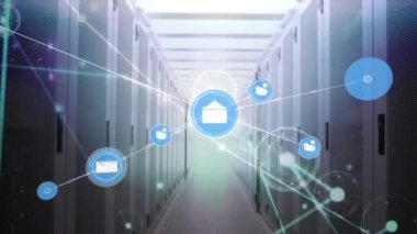 Animation of connected icons and dots with lens flares against server room in background. Digital composite, multiple exposure, illuminated, communication, technology and network server concept.