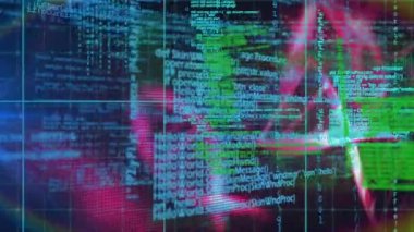 Animation of rainbow lens flare over spinning dna structure and data processing on black background. Medical research and business technology concept