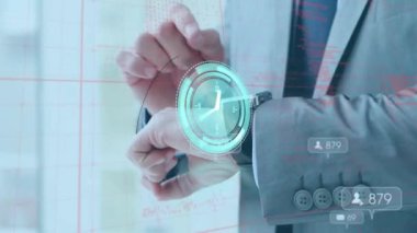 Animation of ticking clock and social media icons over mid section of businessman using smartwatch. Social media networking and business technology concept