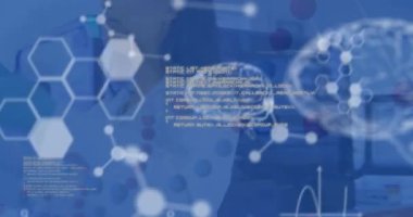 Animation of human brains and data processing over female scientist in laboratory. Global science, computing and data processing concept digitally generated video.