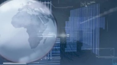 Animation of globe with data processing over woman's face. Global business, computing and data processing concept digitally generated video. 