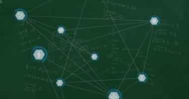 Animation of network of connections with icons over mathematical equations on green background. Global connections and digital interface concept digitally generated video.