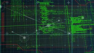 Animation of network of connections over data processing on black background. Global connections, computing and digital interface concept digitally generated video.