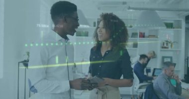 Animation of graphs and numbers over diverse coworkers talking and shaking hands at office. Digital composite, multiple exposure, report, business, communication, discussion and technology concept.