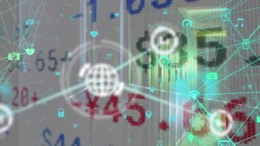 Animation of connected icons forming globes and trading board over multiple moving icons. Digital composite, multiple exposure, stock market, globalization, report and technology concept.