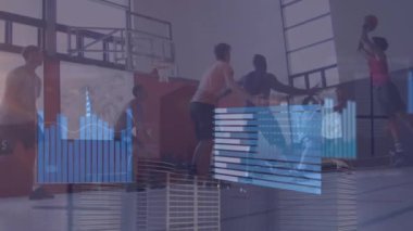 Animation of statistics and data processing over diverse basketball players. Global sports, business, finance, computing and data processing concept digitally generated video.