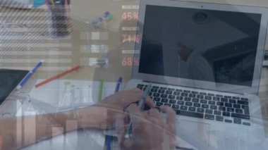 Financial data and graphs being displayed on a computer screen as businesspeople talk on an escalator. Global business finances connections and digital interface concept digitally generated video.