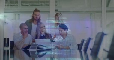 Animation of screens with data over business people. Global computing, business, finance and data processing concept digitally generated video.