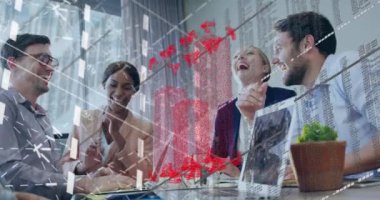 Animation of data processing over diverse business people working at office. Global business, computing and digital interface concept digitally generated video.