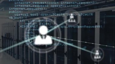 Animation of network of connections with icons over server room and data processing. Global business and digital interface concept digitally generated video.