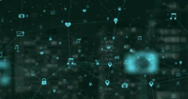 Animation of network of digital icons floating against aerial view of tall buildings. Global networking and business technology concept