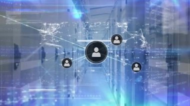 Animation of network of connections with icons and data processing over server room. Global connections, computing and digital interface concept digitally generated video.