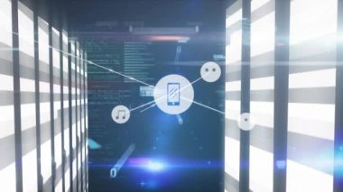 Animation of network of connections with icons and data processing over moving columns. Global connections, technology and digital interface concept digitally generated video.