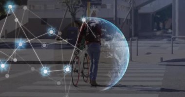 Animation of network of connections over globe and man with bike in city. Global networks, computing and data processing concept digitally generated video.