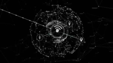 Animation of globe with connections and data processing. Global business, finances, networks, computing and data processing concept digitally generated video.