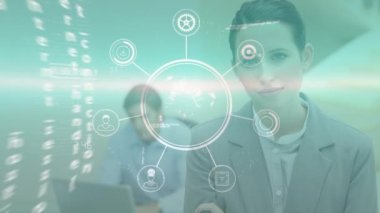 Animation of icons around globe, programming language over smiling caucasian businesswoman. Digital composite, multiple exposure, coding, machine learning, globalization and technology concept.