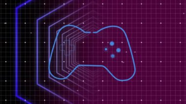 Animation of video game controller over hexagonal shapes in seamless pattern on purple background. Video game interface technology concept