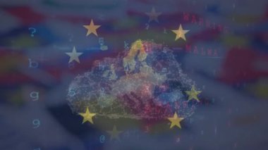 Animation of padlock, data processing and flag of eu. Global finance, business, european union and data processing concept digitally generated video.