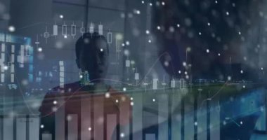 Animation of data processing and cityscape over diverse business people talking in office. Global business and digital interface concept digitally generated video.