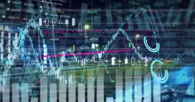 Animation of statistics and financial data processing over grid. Global business, finances and data processing concept digitally generated video.