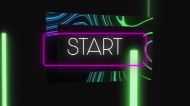 Animation of start text in rectangle with abstract pattern and glowing bars against black background. Digitally generated, hologram, illustration, illuminated, beginning and technology concept.
