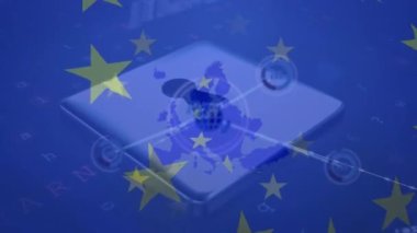 Animation of network of connections and padlock over flag of european union. Global networks, business, finances, computing and data processing concept digitally generated video.