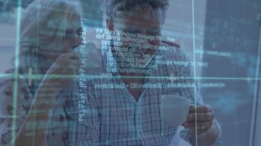 Animation of data processing over senior caucasian couple drinking coffee. Global lifestyle, finances and digital interface concept, digitally generated video.