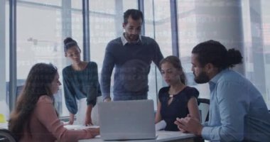 Animation of connected icons and programming language over diverse coworkers sharing ideas in office. Digital composite, multiple exposure, coding, finance, teamwork, communication, technology.