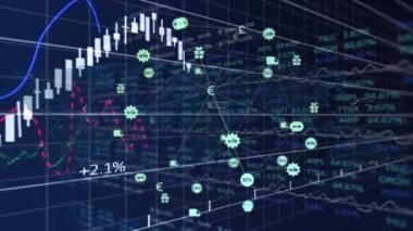 Animation of financial data processing with icons on black background. Global business, finances and digital interface concept digitally generated video.