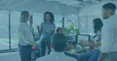 Animation of green lines, statistics and financial data processing over business people talking. Global business, finance, computing and data processing concept digitally generated video.