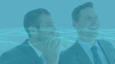 Animation of digital wave over businessman whispering into the ear of another businessman. Computer interface and business technology concept