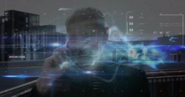 Animation of data processing and blue digital wave over caucasian businessman talking on smartphone. Computer interface and business networking technology concept