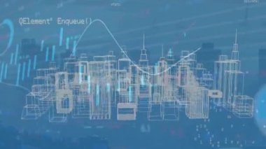 Şehir manzarası üzerinde veri işleme animasyonu. küresel iş ve dijital arayüz kavramı dijital olarak oluşturulmuş video.