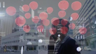 Animation of financial data processing and shapes over caucasian businesswoman. Global finances, lifestyle and digital interface concept digitally generated video.