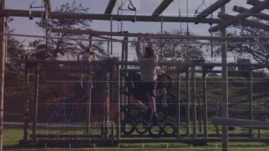 Animation of financial data processing over diverse people exercising. Global sport, finances and digital interface concept digitally generated video.