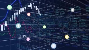 Animation of financial data processing with icons on black background. Global business, finances and digital interface concept digitally generated video.