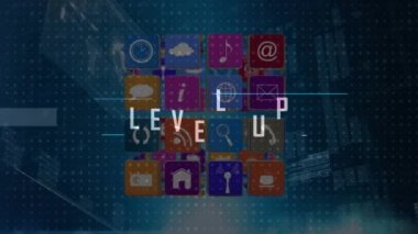 Animation of level up text, icons and data processing. Global video game, business, finances, computing and data processing concept digitally generated video.