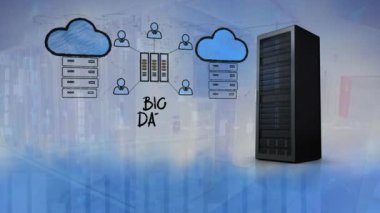 Animation of statistical data processing over network of digital icon and computer server. Global networking and business data storage technology concept