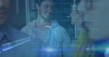 Animation of statistics, binary coding and financial data processing over business people. Global business, finance, computing and data processing concept digitally generated video.